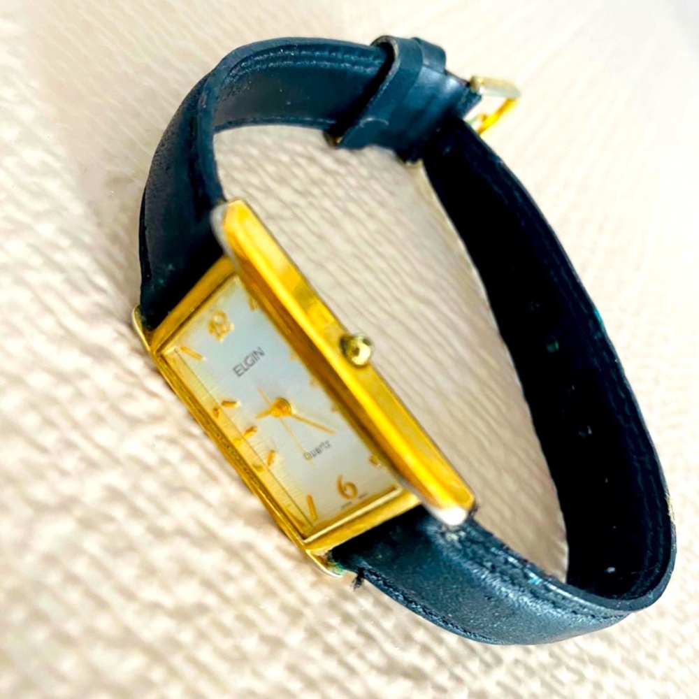 Vintage Elgin watch, black calfskin band
